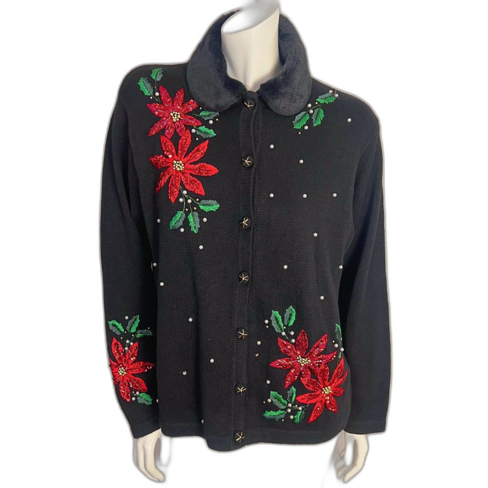 Vintage B.P. Design Poinsettia Embroidered Christmas Cardigan Sweater Size L